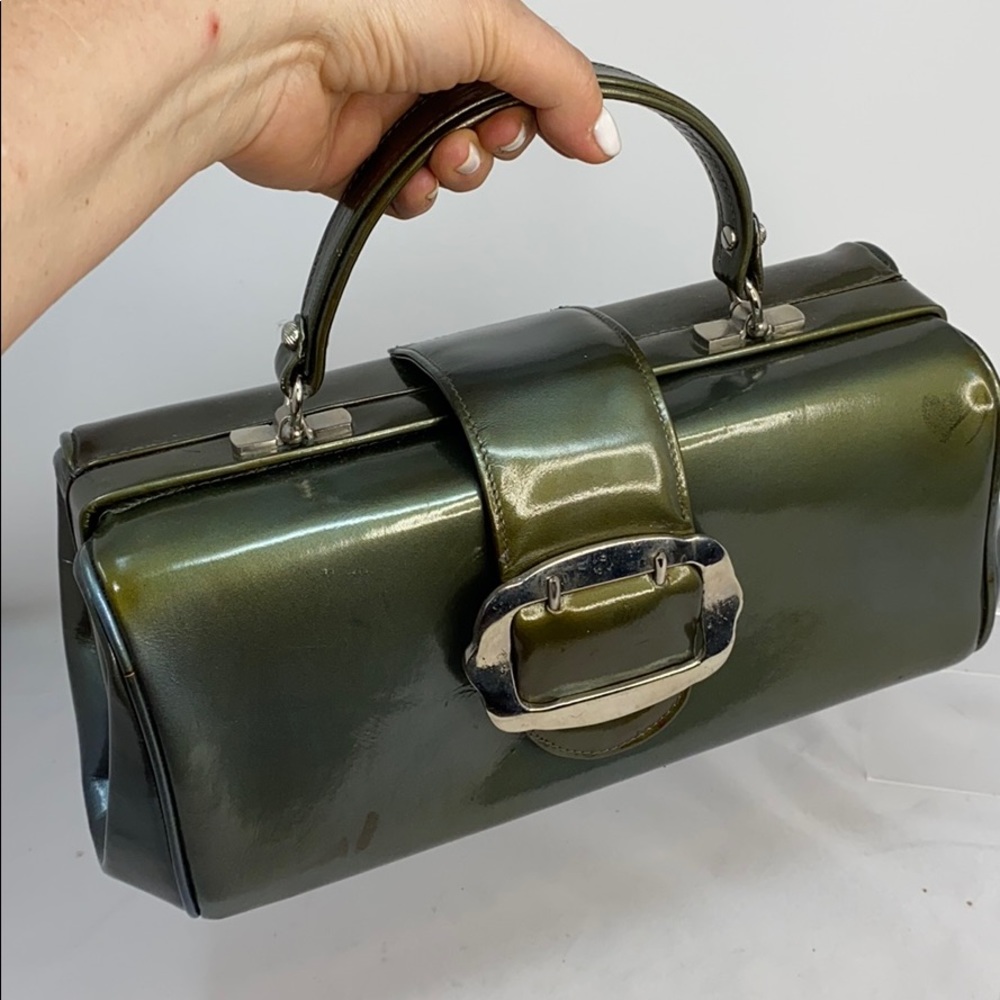 Sleek Olive Green Patent Satchel with Buckle Handle